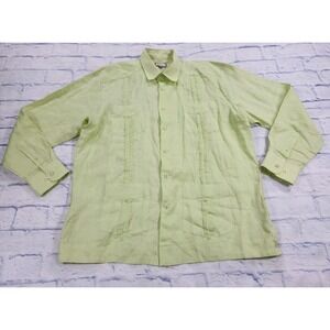 BOHIO MENS XL 100% Linen Lime Green Long Sleeve Button Shirt Guayabera 4 Pocket